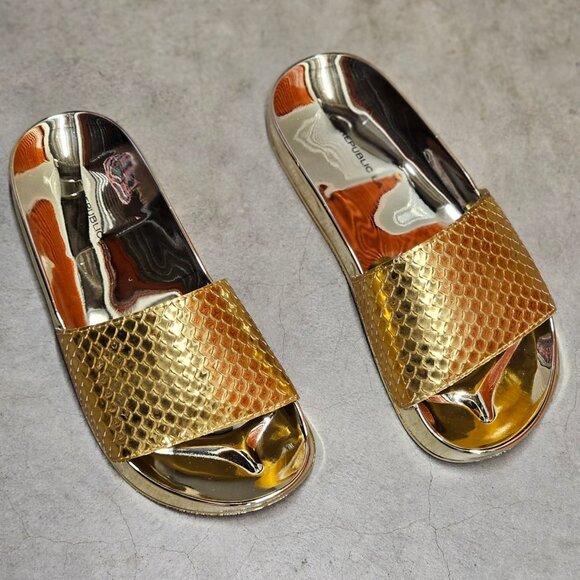 Shoes - Metallic Gold Snake Pattern Slide Sandals With Reflective Sole - Stylish & Comfo